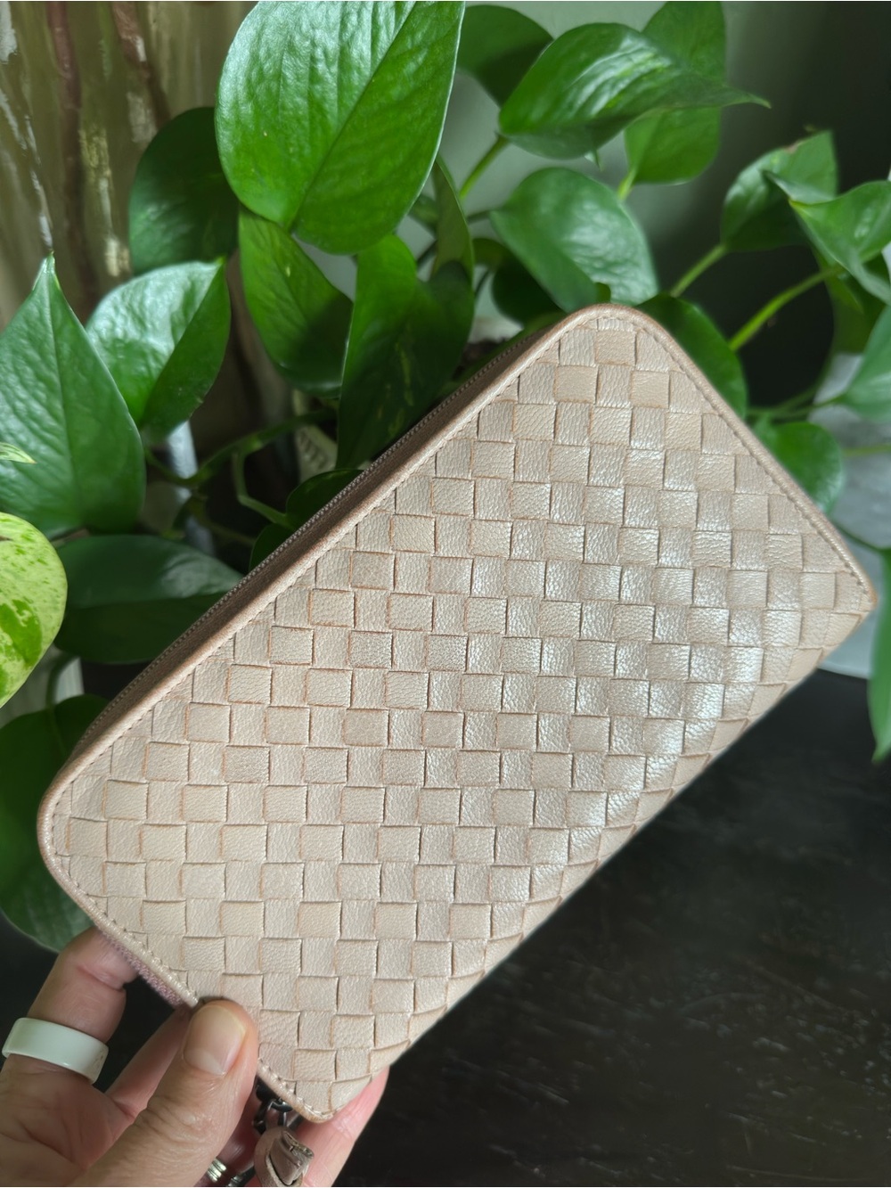 Bottega Veneta Pale Pink Intrecciato Zip Wallet